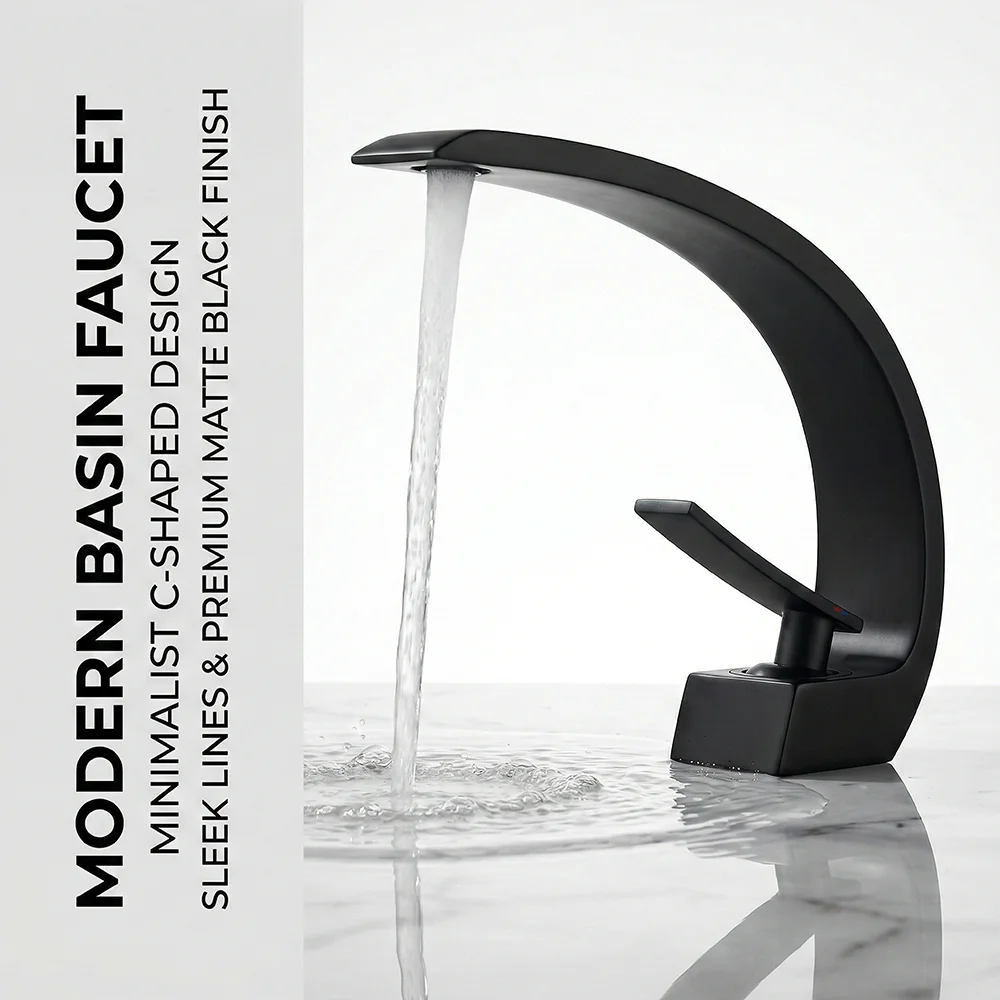 Silicone Tap Washer - マットブラックの浴室用蛇口、アルミニウム合金製のモダンなC型滝状吐水口、シングルハンドル洗面器混合水栓、デッキマウント式温冷両用W