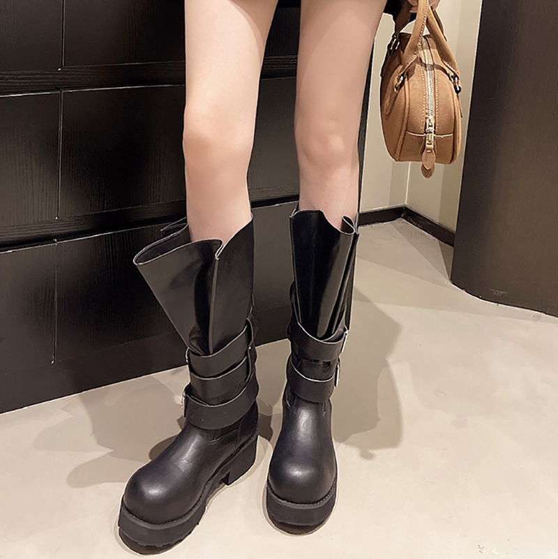 レトロベルトバックルスクエアヒール騎士ハイブーツ女性夏秋大チ - Pipe Bending Spring のレビューと価格